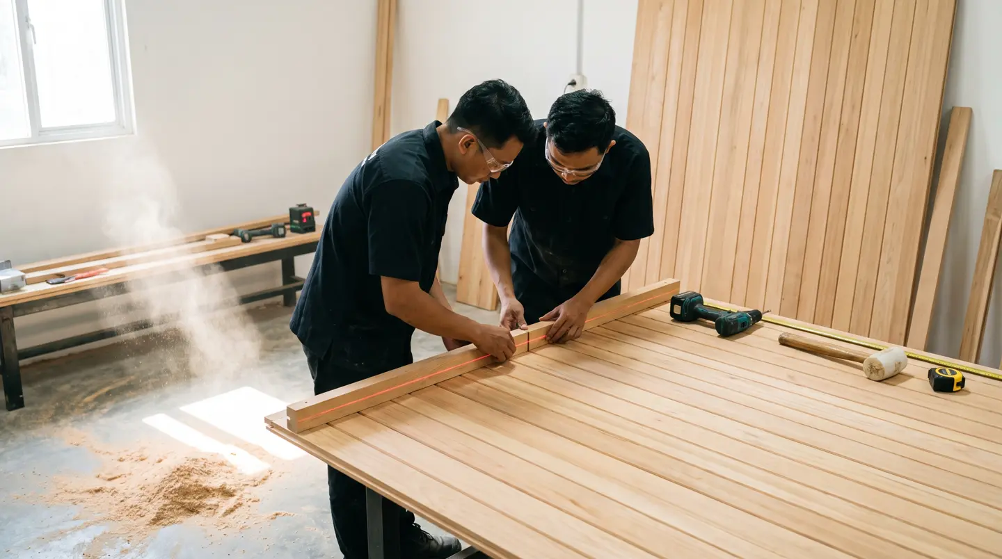 Tim Sauna Pekanbaru menurunkan panel kabin sauna dari truk di depan rumah