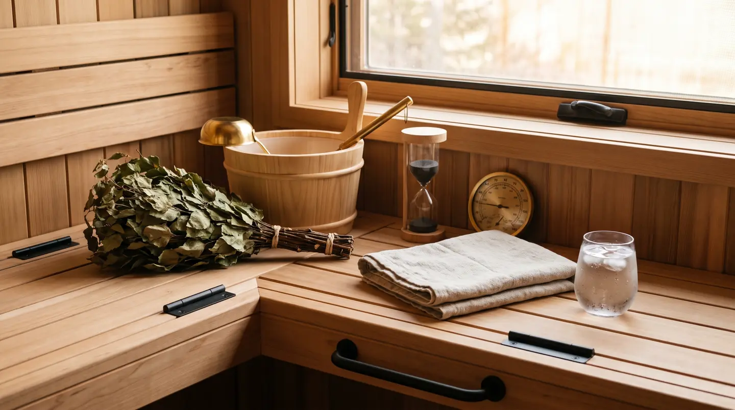 Aksesori sauna: veniki, ember kayu, gayung kuningan, jam pasir dan termometer
