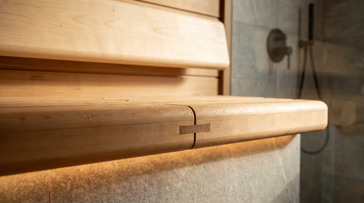 Detail sambungan presisi bangku sauna kayu cedar dengan LED hangat tersembunyi