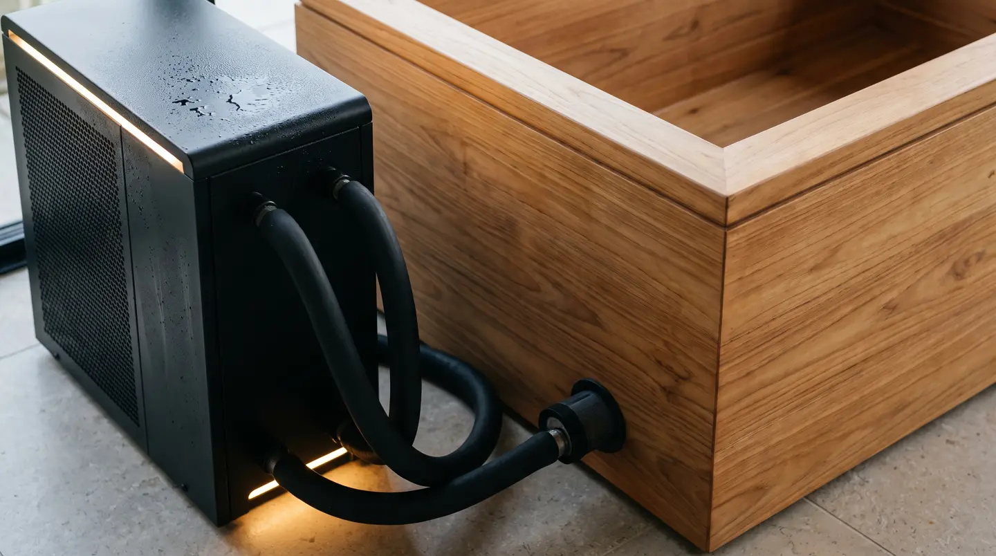Detail chiller hitam modern dan selang terisolasi di samping ice bath kayu jati