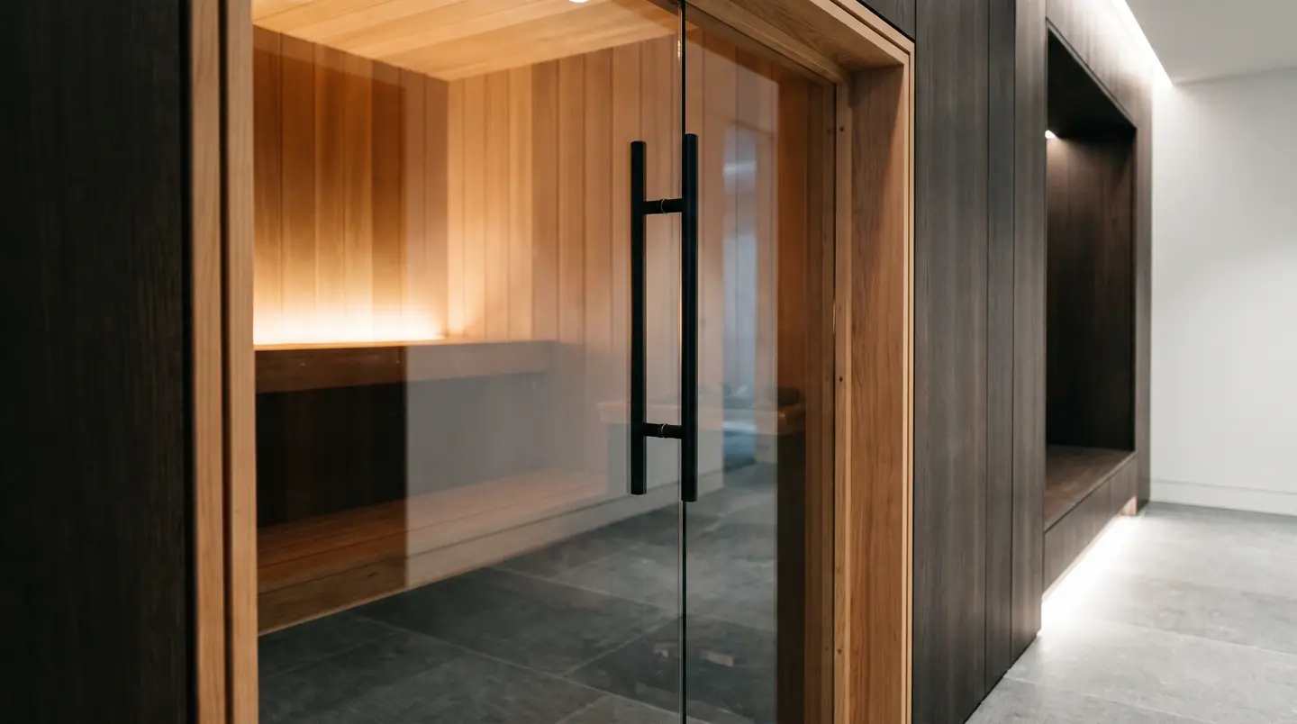 Detail pintu kaca tempered sauna dengan handle hitam matte dan seal magnetik