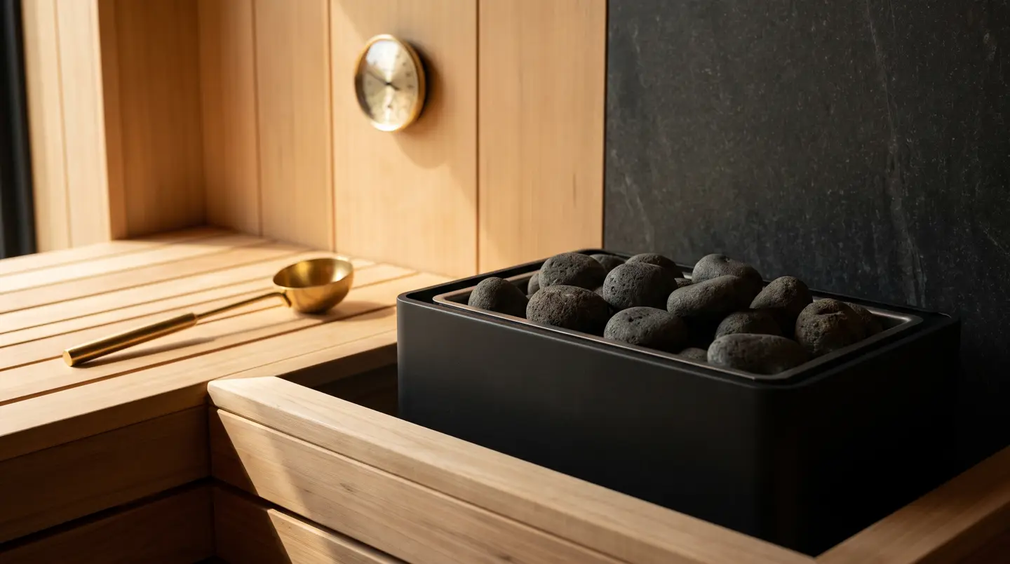 Detail heater sauna hitam berisi batu vulkanik dengan gayung kuningan dan termometer