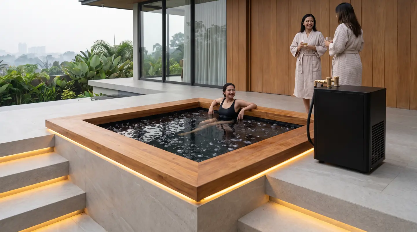 Ice bath kayu dengan chiller di halaman rumah Rumbai, Pekanbaru
