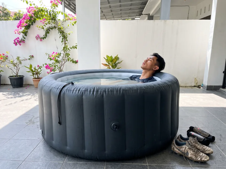 Pria beristirahat di ice bath tiup bulat setelah futsal di Pekanbaru
