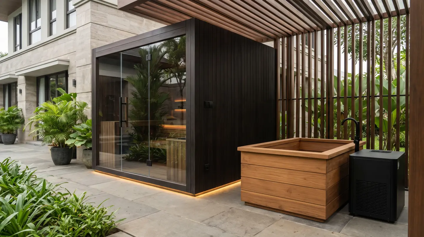 Sauna dan ice bath kayu jati terpasang di Panam (Tampan), Pekanbaru