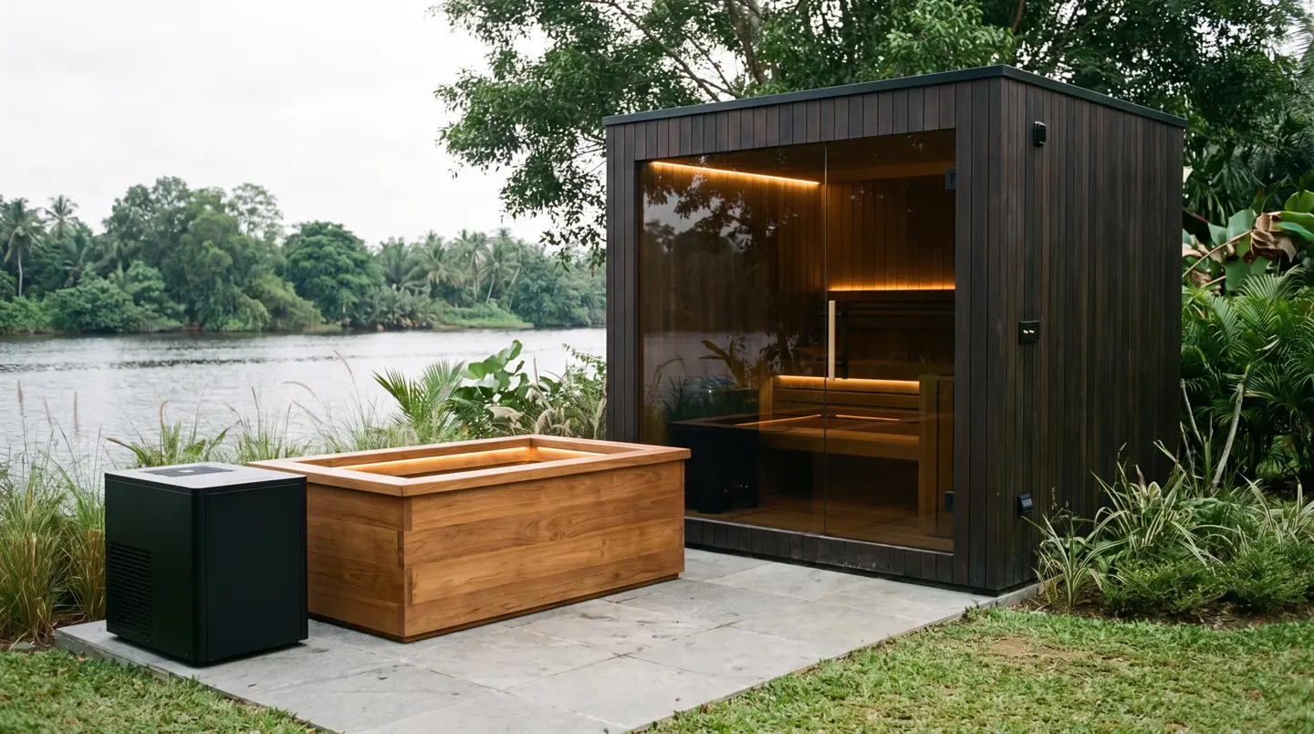 Sauna dan ice bath kayu jati terpasang di Rumbai, Pekanbaru