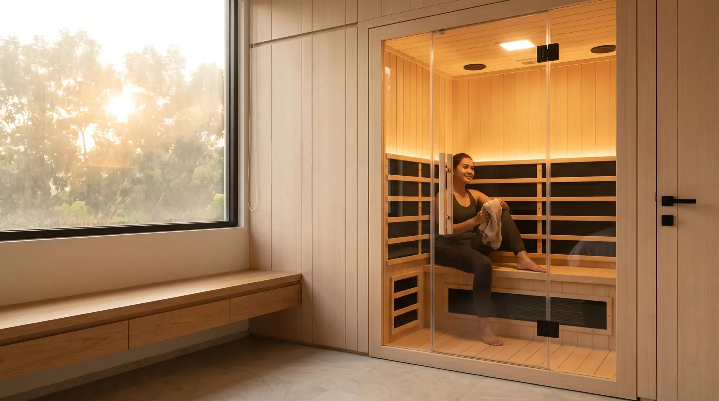 Kabin sauna infrared 1–2 orang di sudut kamar rumah Pekanbaru