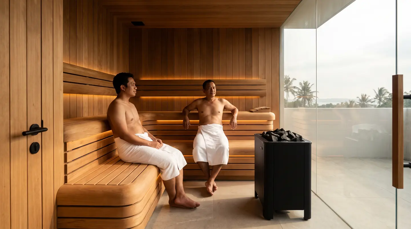 Interior ruang sauna kering 4 orang dengan bangku thermowood, rumah Pekanbaru