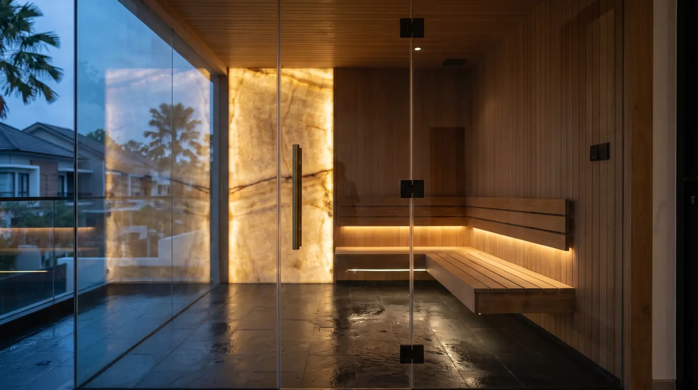 Sauna mewah custom berdinding kaca dan batu onyx di Marpoyan Damai, Pekanbaru