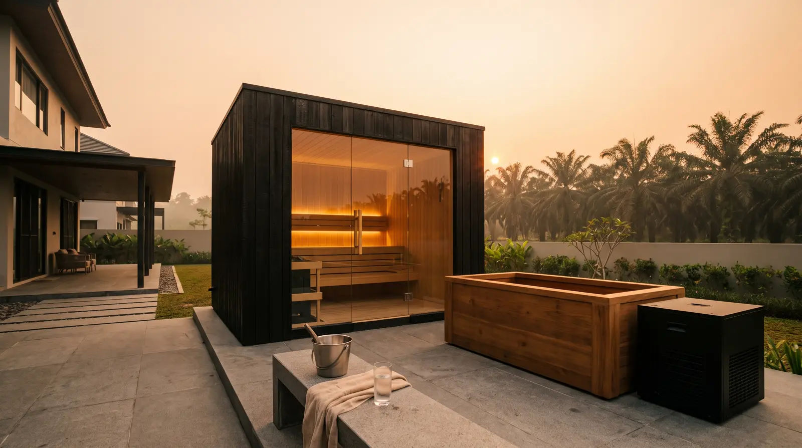 Kabin sauna cedar dan cold plunge kayu di teras rumah Panam, Pekanbaru