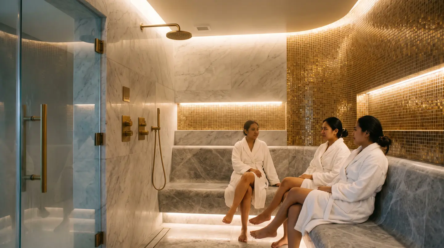 Steam room mosaik biru-hijau dengan bangku lengkung untuk gym di Pekanbaru