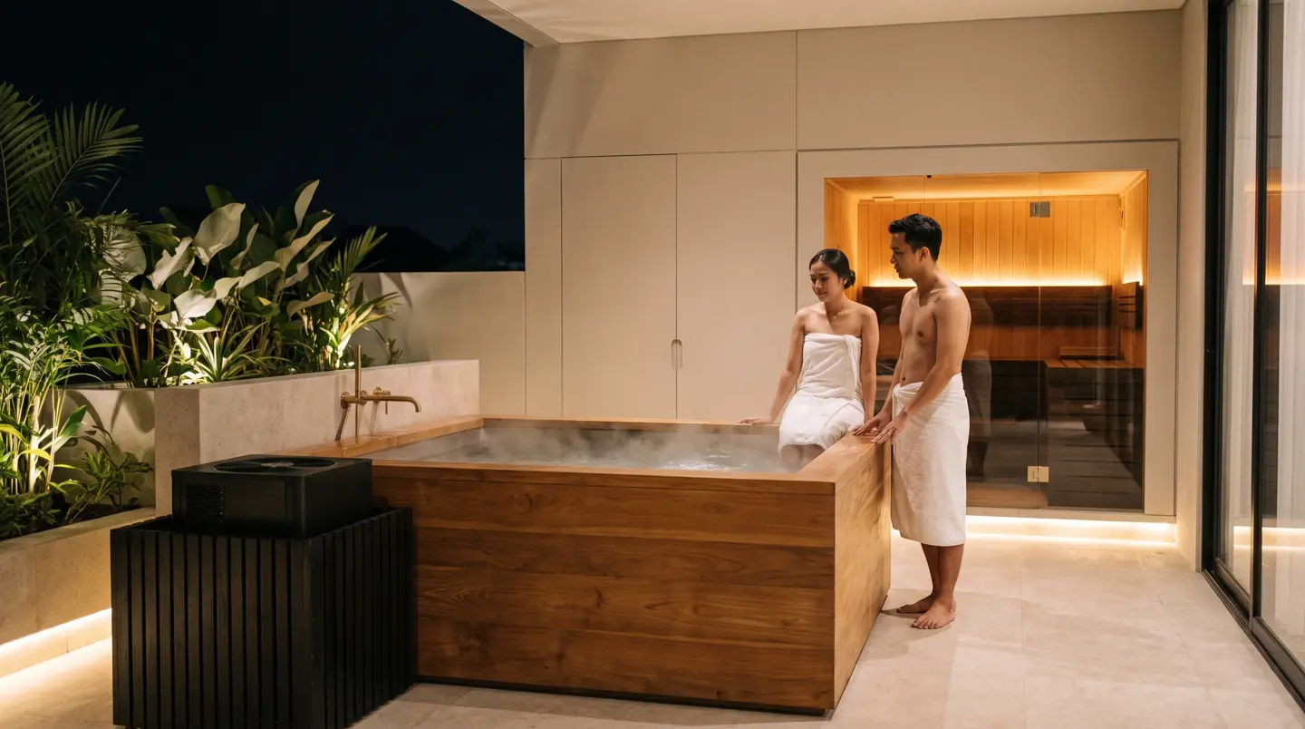 Teras wellness malam hari dengan sauna kaca menyala dan ice bath berchiller hitam di Pekanbaru